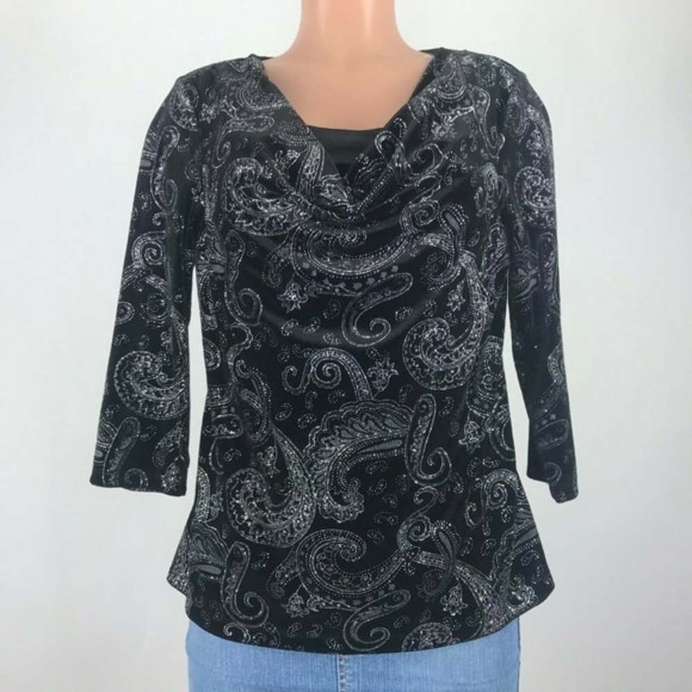NWT Elementz Silver Paisley Black Velvet Blouse
